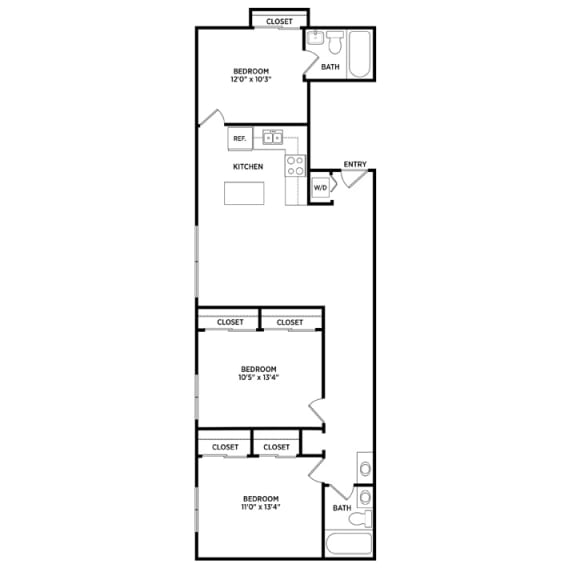 3 bedroom 2 bathroom floor plan at Glenwood Apartments in East Lansing near Michigan State University