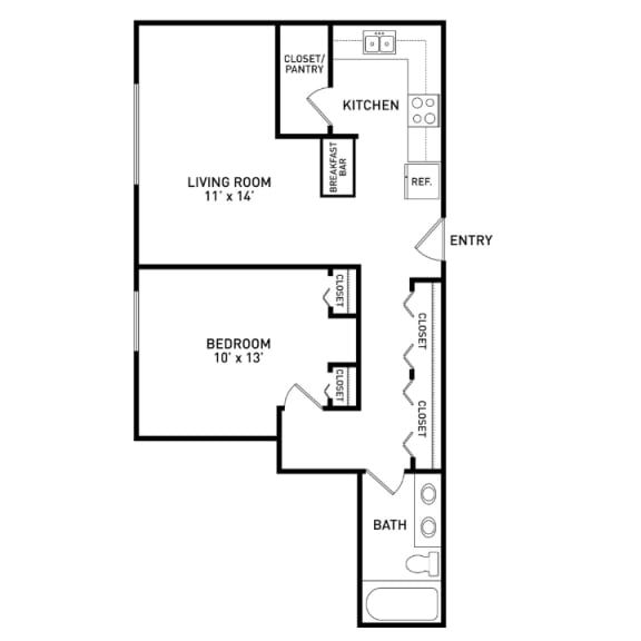 1 bedroom 1 bathroom floor plan at River Park Apartments in East Lansing near Michigan State University