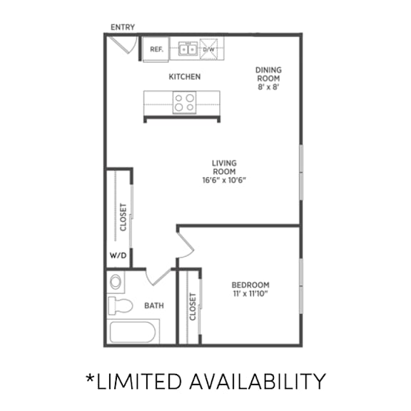 1 Bedroom apartment floor plan in East Lansing, MI near Michigan State University | Woodbrook Village Apartments