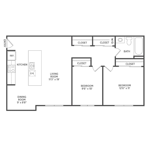 2 bedroom apartments floor plan in East Lansing, MI near Michigan State University | Woodbrook Village Apartments