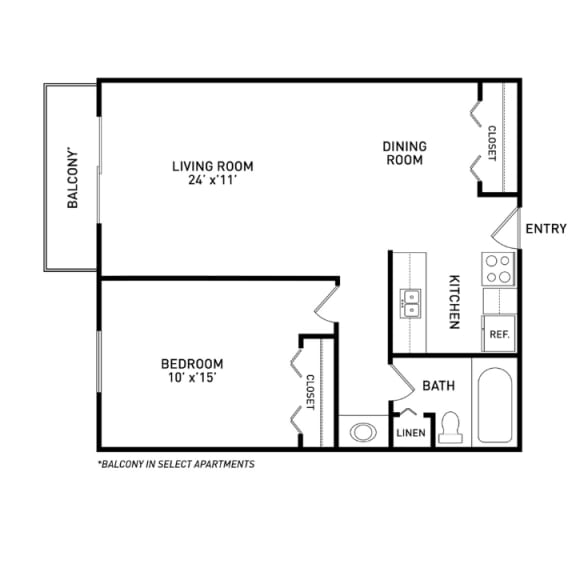 Floor Plan  1 bedroom 1 bathroom floor plan at Woodsmere Apartments in East Lansing near Michigan State University