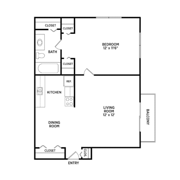 Floor Plan  1 bedroom 1 bathroom floor plan at Woodside South Apartments in East Lansing near Michigan State University