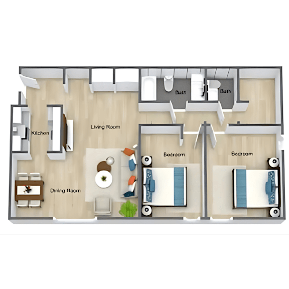 A floor plan of a house with a kitchen, living room, dining room, and two bedrooms.