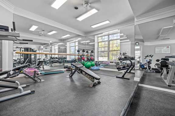 Fitness center with strength training equipment and natural light at Village Club of Farmington Hills Apartments, Michigan