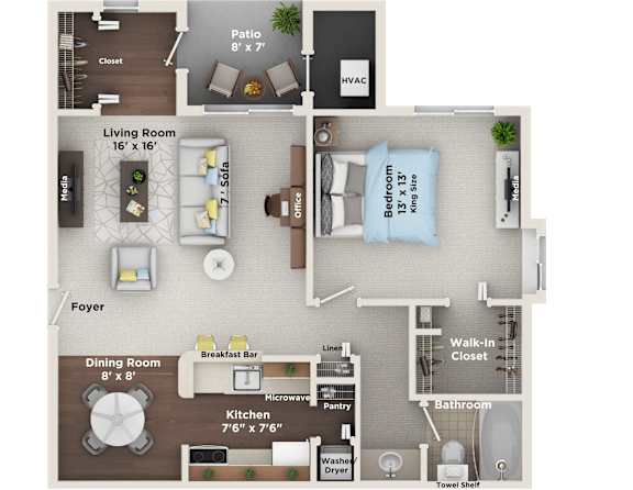 A floor plan of a house with a living room, dining room, kitchen, and bathroom.