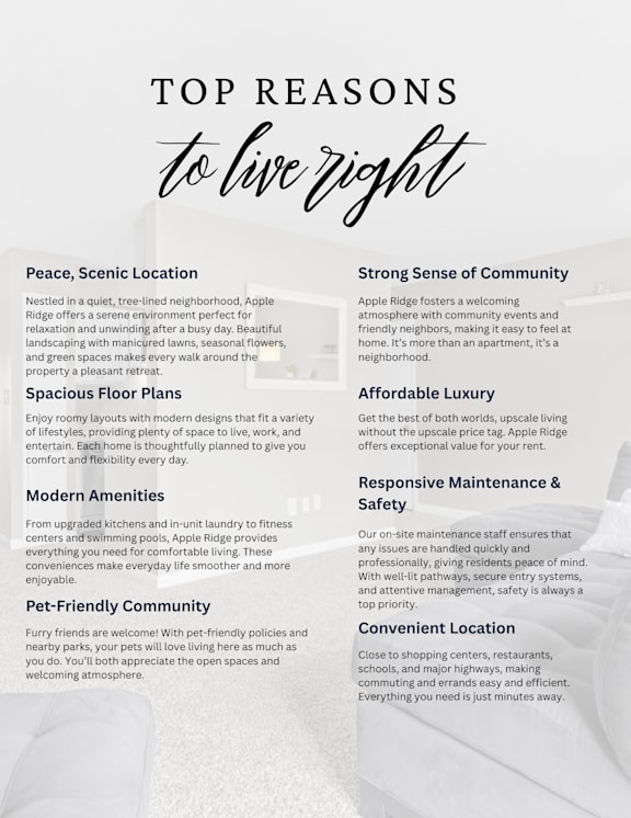 A white and black flyer detailing the top reasons to live at Apple Ridge.