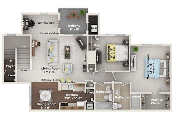 A floor plan of a house with a living room, dining room, kitchen, and bathrooms.