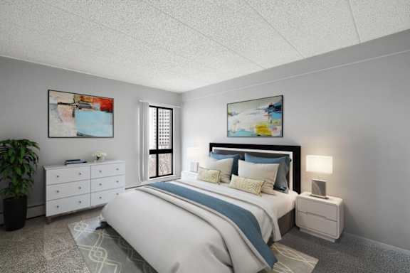 A bedroom with a large bed, a nightstand, and a potted plant.