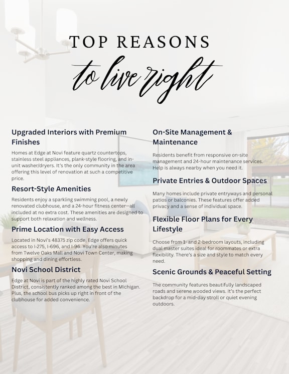 A poster advertising the top reasons to live at Edge at Novi, highlighting features such as upgraded interiors, on-site management, and easy access to local amenities.