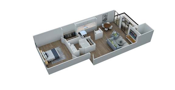 Floor Plan  A 3D rendered image of a modern apartment layout.
