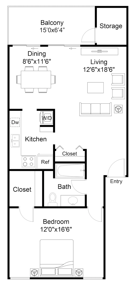 A floor plan of a house with a balcony, dining area, kitchen, closet, bathroom, and bedroom.