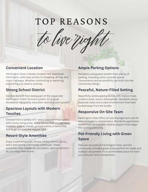 A poster detailing the top reasons to live in Farmington View, including conveniences, school district, and amenities.