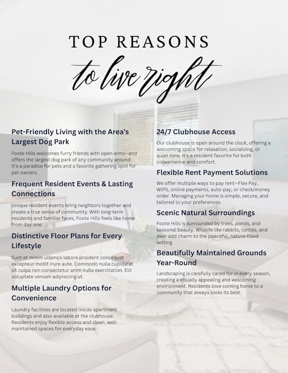 A poster detailing the top reasons to live in a certain area, including pet-friendly living, community events, and natural surroundings.