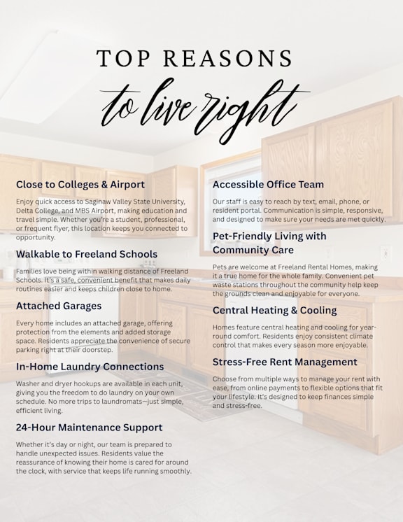 A flyer detailing the top reasons to live at a particular residence.