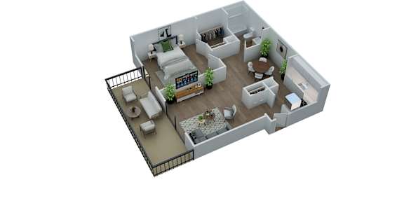 Floor Plan  A 3D rendered image of a house layout.
