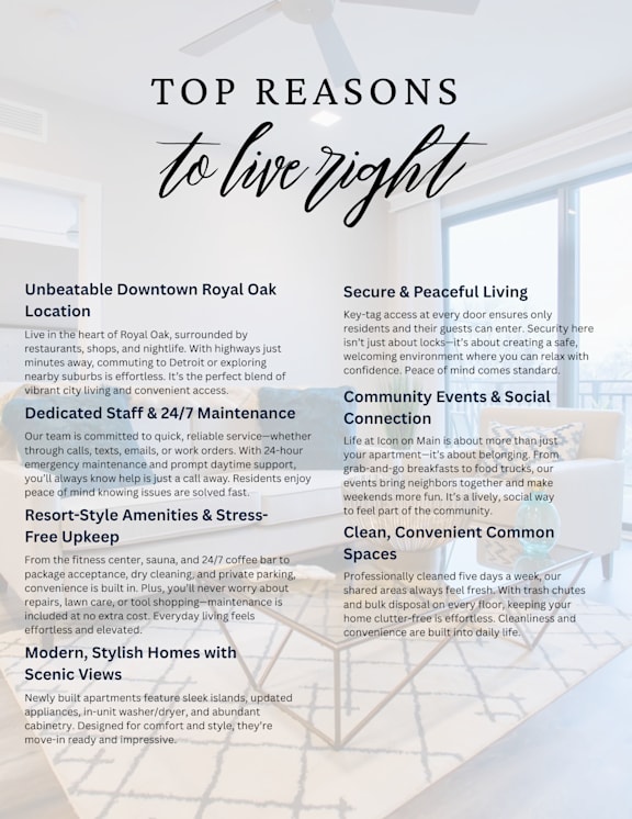 A poster detailing the top reasons to live in Royal Oak, including unbeatable location, dedicated staff, and modern homes.