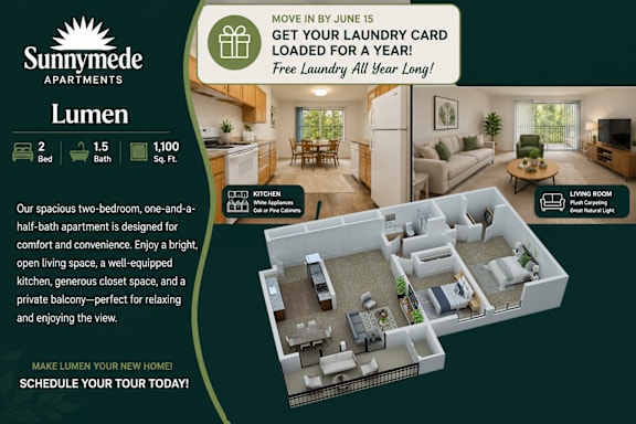 A Sunnymede Apartments Lumen apartment is a spacious two-bedroom, one-and-a-half-bath apartment with a living room, kitchen, and balcony.