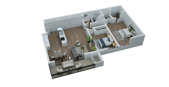 A 3D rendered image of a house layout.