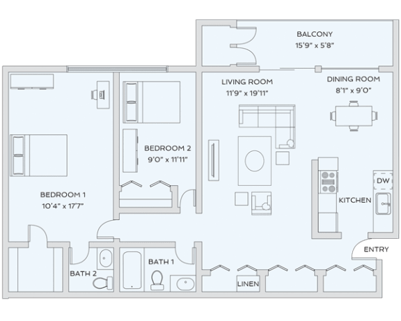2 bed 2 bath floor plan at Sunnymede Apartments - Troy, MI, Troy, Michigan