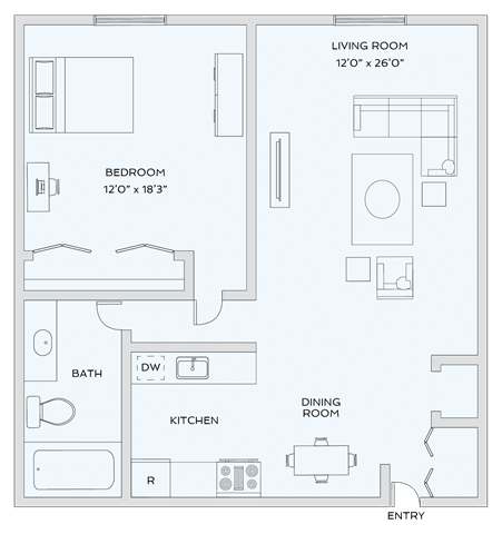 an illustration of a floor plan of a living room and a kitchen at Town & Country Apartments - Wixom, MI, Wixom