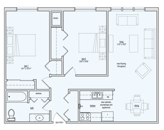 a floor plan of a small apartment with a bedroom and a living room at Town & Country Apartments - Wixom, MI, Wixom, Michigan