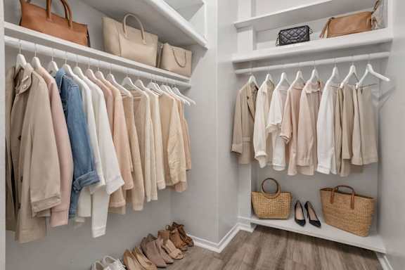 Closet with clothes and shoes. at Plymouth Heritage - Plymouth, MI, MI, Plymouth, MI 48170