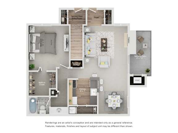 One bedroom 1 bath floorplan with balcony at Village Club of Farmington Hills Apartments, Farmington Hills, Michigan