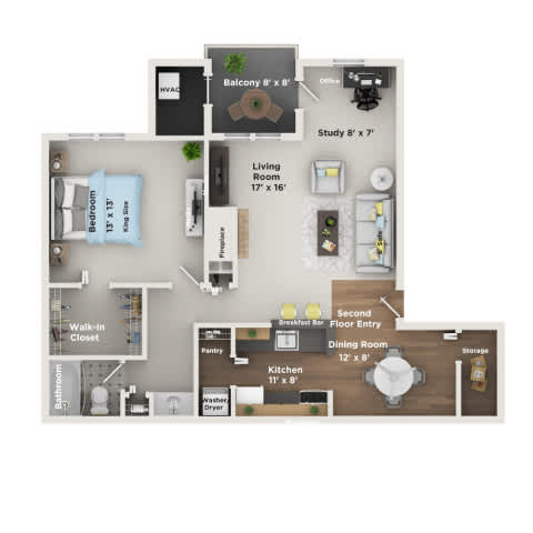 A floor plan of a house with a living room, dining room, kitchen, and two bedrooms.
