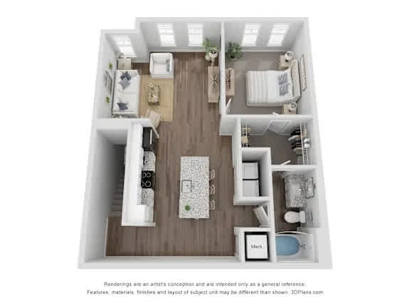 A 3D floor plan of a house with a kitchen, living room, and bathroom.
