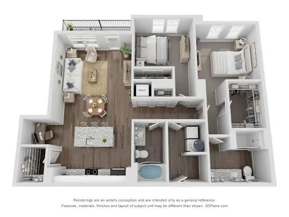 A 3D floor plan of a house with a kitchen, living room, and bathroom.