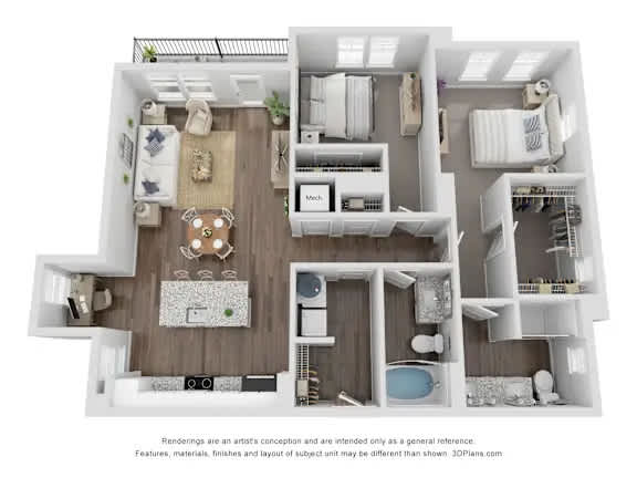 A 3D floor plan of a house showing a kitchen, living room, and bathroom.