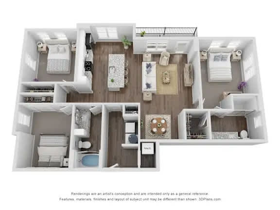 A 3D floor plan of a small apartment with two bedrooms and a living area.