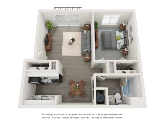 a stylized floor plan of a 1 bedroom apartment  at Park On Canal Apartments, Clinton Twp, MI, 48038