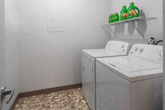 A laundry room with a washer and dryer and a shelf with cleaning products.