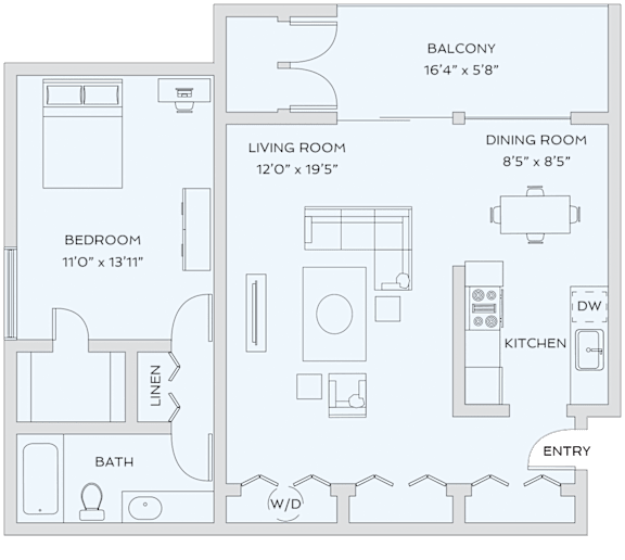 A floor plan of a house with a balcony, two bedrooms, a living room, a dining room, a kitchen, a bathroom, and an entry.