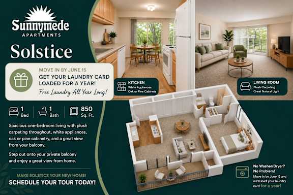 A Sunnymede Apartments Solstice apartment with a kitchen, living room, and bathroom is on display.