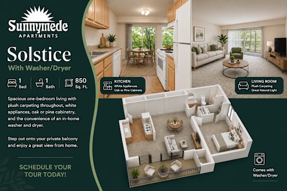 A Sunnymede Apartments Solstice apartment with a kitchen and living room.