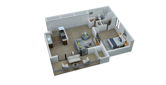 A 3D rendered image of a house layout with a kitchen, living room, and bedrooms.
