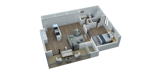 A 3D rendered image of a house interior.