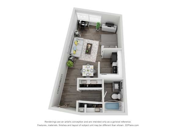 A 3D floor plan of a small apartment with a kitchen, living room, and bedroom.