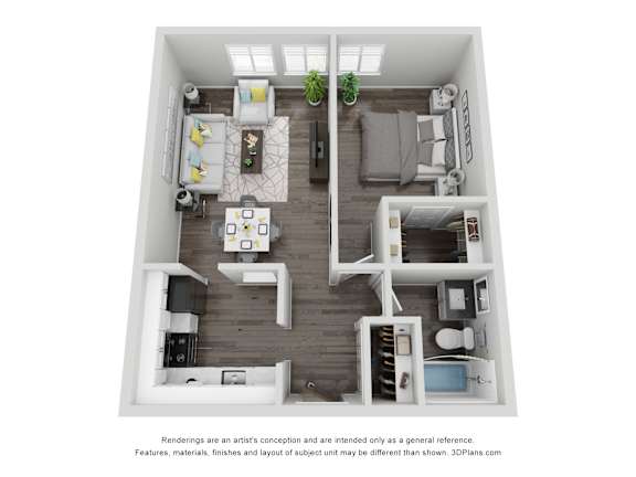 A 3D floor plan of a small apartment with a kitchen, living room, and bathroom.