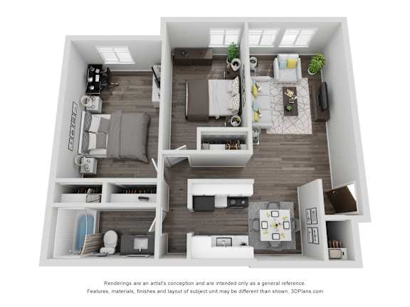 A 3D floor plan of a house with a kitchen, living room, and two bedrooms.
