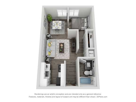 A 3D floor plan of a small apartment with a kitchen, living room, and bedroom.