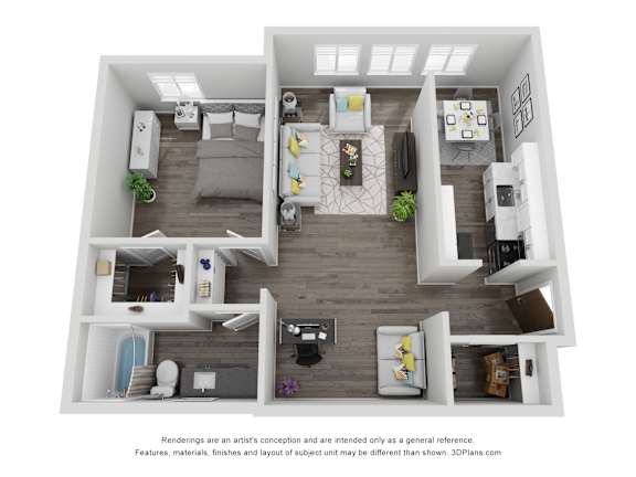 A 3D floor plan of a house with a kitchen, living room, and two bedrooms.