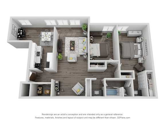 A 3D floor plan of a house with multiple rooms and furniture.