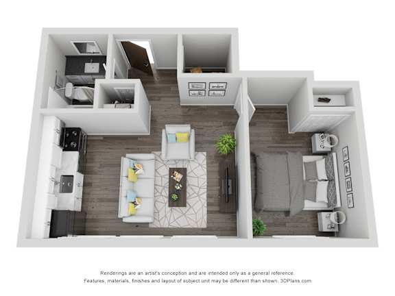 A 3D floor plan of a small apartment with a kitchen, living room, and bedroom.