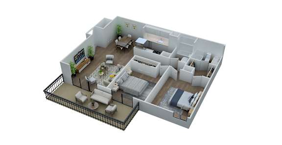 A 3D floor plan of a house with a kitchen, living room, and bedrooms.