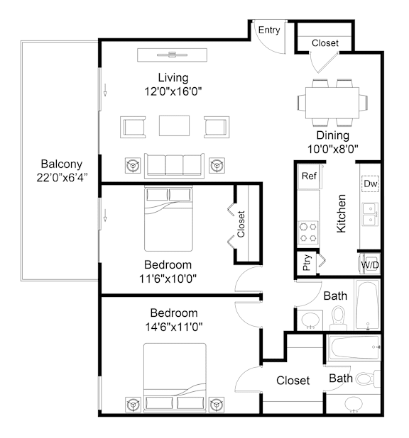 A black and white floor plan of a two bedroom apartment.