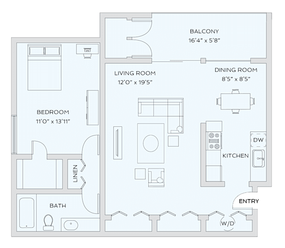 A floor plan of a house with a balcony, living room, dining room, kitchen, bedroom, bathroom, and laundry area.