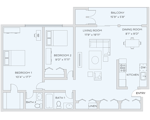 A floor plan of a house with a balcony, two bedrooms, a living room, a dining room, a kitchen, and two bathrooms.